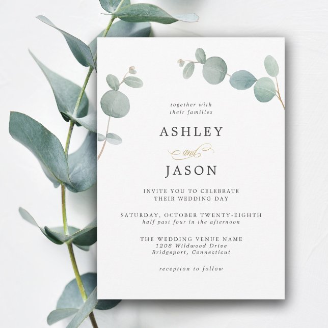 Enkel Elegant Greenery Eucalyptus Löv Bröllop Inbjudningar (This simple eucalyptus leaves wedding invitation is perfect for weddings in any season of the year.
)