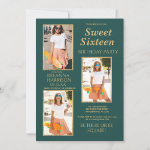 Enkel Elegant Grön Guld Foto Sweet Sixteen Inbjudningar
