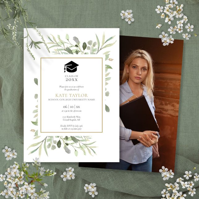 Enkel Elegant Grönska Foto Examen Fest Inbjudningar (Simple Elegant Greenery Photo Graduation Party Invitation)