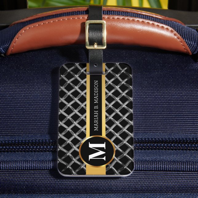 Enkel Elegant Guld Brushed Metall Monogrammed Bagagebricka (Framsida Insitu 2)