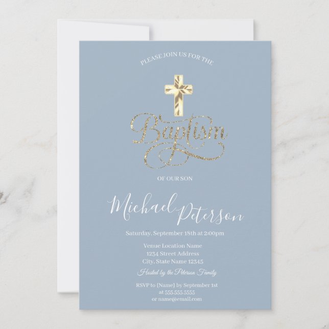 Enkel Elegant Guld Kor Baptism Dusty Blue Inbjudningar (Framsida)