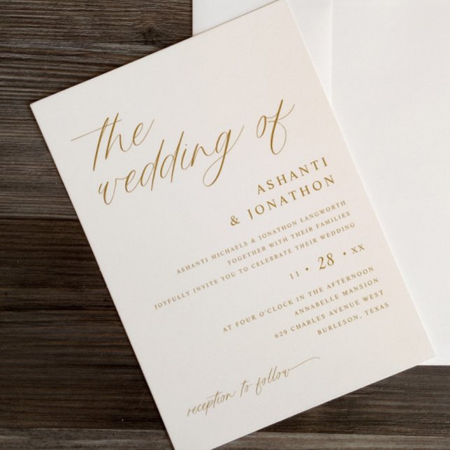 Enkel Elegant Guld och Elfenbens Skrift Bröllop Inbjudningar (Gold and Light Cream Romantic Wedding Invitations - Elegant and Soft)