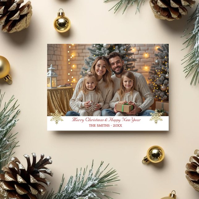 Enkel Elegant Guld Snöflingor ett foto Julkort (Simple Elegant Gold Snowflakes one photo Holiday Card)
