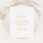 Enkel Elegant Guld Tacksamhetsmottagningskort Vykort<br><div class="desc">Detta enkla eleganta guld tack mottagarkort är perfekt för ditt moderna minimalistiska vita och gyllene bröllop. Designen har en minimalistisk samtida typsnitt i guld tillsammans med formell kalligrafi. Behåll det som det är,  eller välj att anpassa det med din egen konst eller foton!</div>