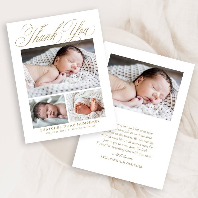 Enkel Elegant Guldskrift 4 Foto Baby Tack Kort (Skapare uppladdad)