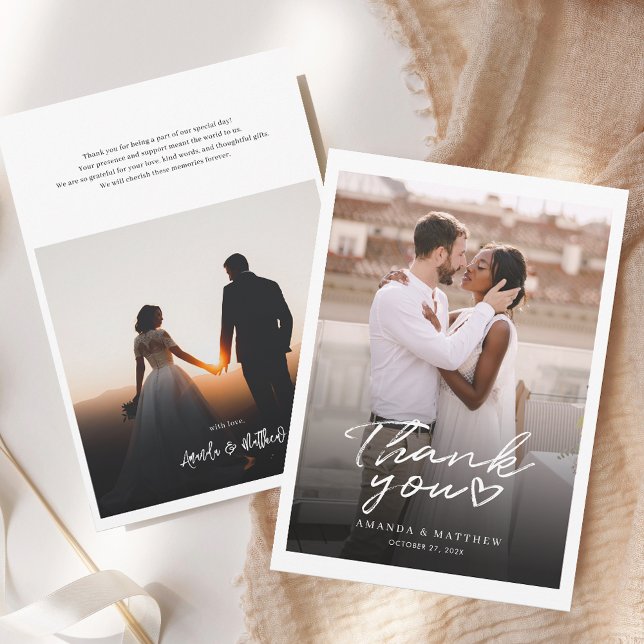 Enkel Elegant Hand-Lettered Photo Bröllop Tack Kort (Elegant Wedding Day 2 Photos Thank You Card)