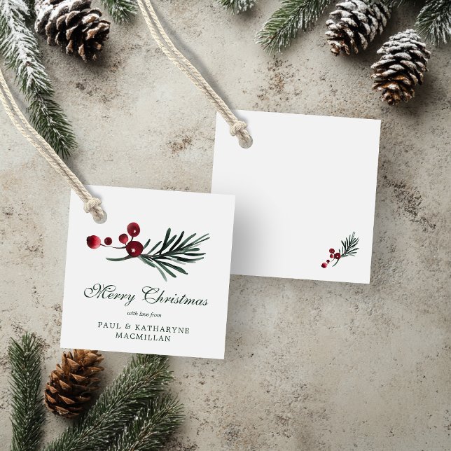 Enkel Elegant Jul - vattenfärg Botaniskt Gåvor Etiketter (Simple Elegant Christmas Watercolor Botanical Favor Tags)