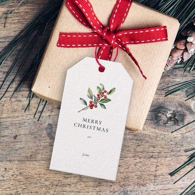 Enkel Elegant Jul - vattenfärg Botaniskt Presentetikett (Skapare uppladdad)