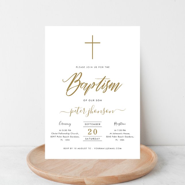 Enkel Elegant Kalligrafi Baptism Boy Rustic Guld Inbjudningar (Skapare uppladdad)