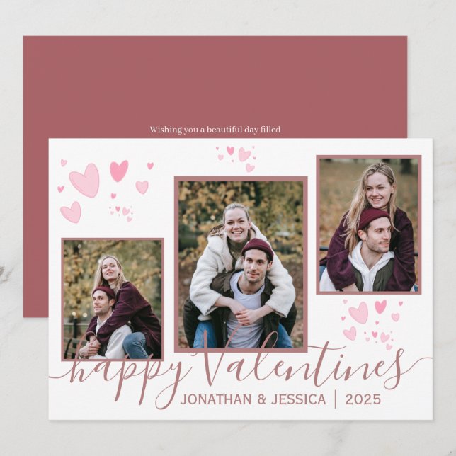 Enkel Elegant Kärlek valentins dag par 3 foto Julkort (Fram/baksida)