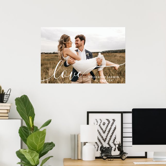 Enkel Elegant Kärleksskrift Nygifta Bröllopsfoto Poster (Hemmakontoret)