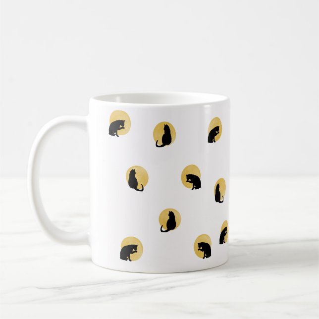 Enkel Elegant Kat Silhouette Golden Circles White Kaffemugg (Vänster)