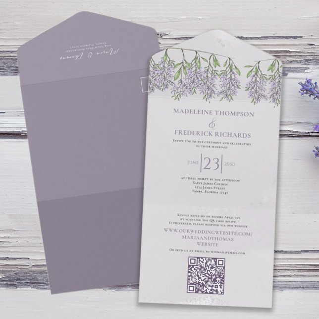 Enkel Elegant Klassisk Boho Blommig Syrlilja Laven (Elegant lilac and lavender solid colored all in one wedding invitation. )