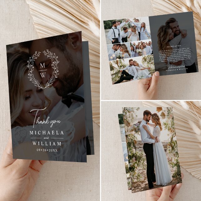 Enkel Elegant Krans 7-Foto Text Överlagring Bröllo Tack Kort (Skapare uppladdad)