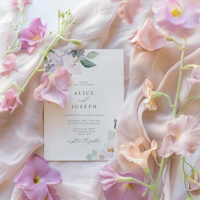 Enkel Elegant Lilac Watercolor Blommigt Bröllop Inbjudningar (Simple Elegant Lilac Watercolor Floral Wedding Invitation)