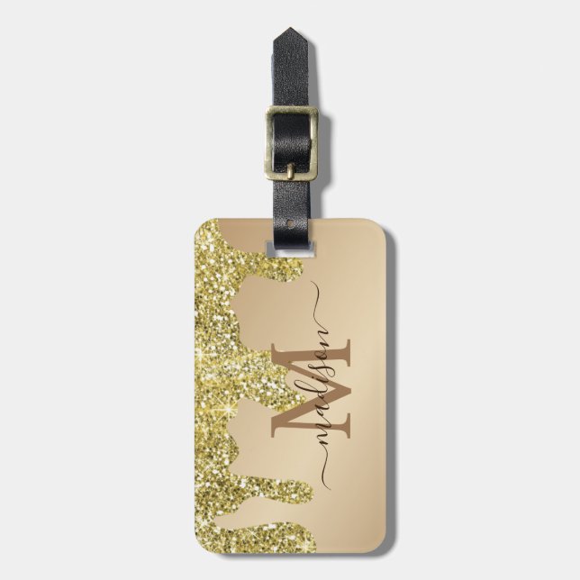 Enkel Elegant Luxury Guld Glitter Monogrammed Bagagebricka (Vertikal Framsida)