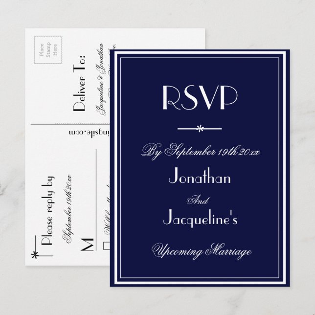 Enkel Elegant Marinblå Bröllops RSVP Svar Inbjudan Vykort (Fram/baksida)