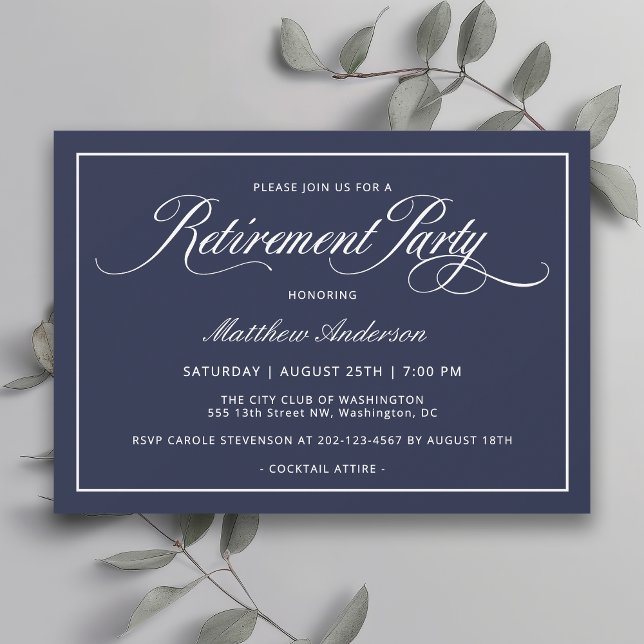 Enkel Elegant, marinblå Pension Party Inbjudningar (Available in both printed and instant download digital formats.)