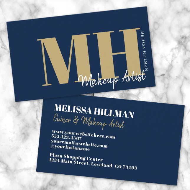Enkel Elegant Marinblå Professionell Monogram Visitkort (Simple Modern Navy Blue Gold Professional Monogram Business Card)