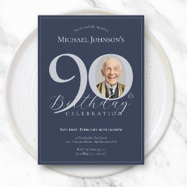 Enkel Elegant Marinblå Silver Foto 90-årsdag Inbjudningar