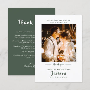 Enkel elegant med foto Mörk grönt Bröllop Tack Kort