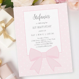 Enkel Elegant Mjuk pastel Rosa Bow 1:a födelsedag Inbjudningar