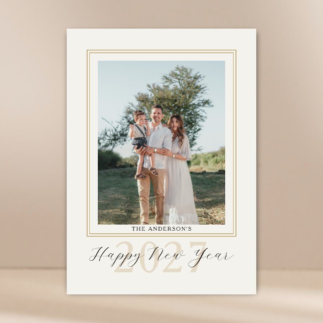Enkel Elegant Modern 4 Bilder Kollage Nyår Julkort (Image of simple elegant modern happy new year holiday card with 1 photo on front 4 photos total)