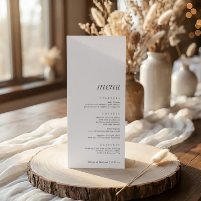 Enkel Elegant Modern Bröllop med Tack bakåt Meny (Modern minimalist wedding menu in black and white simple script)