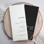 Enkel Elegant Modern Bröllop med Tack bakåt Meny<br><div class="desc">Meny med tack på baksidan: Den här elegant bröllop-menyn har en modern, minimalistisk design med vit framsida och slimmad svart text, perfekt justerad vid grund för att ge utrymme åt urklippt namn bricka överst. På den omvända sidan visas ett tankfullt tack på en träffande svart bakgrund med skarp vit text,...</div>