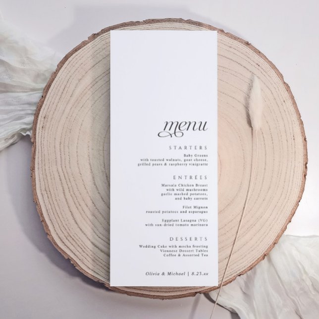 Enkel Elegant Modern Bröllop Meny (Simple elegant wedding menu aligned at the bottom for name tags at the top.)