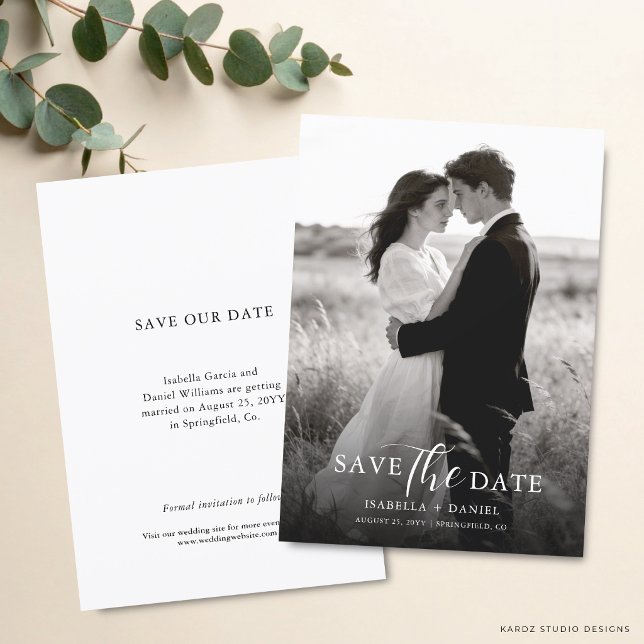 Enkel Elegant Modern Foto Spara Datumet (The front and back of the invitation shown in a 5x7-inch size. Choose size, paper, and corner style.)