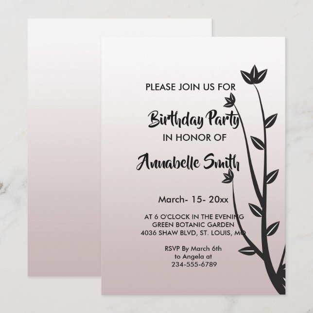 Enkel Elegant Modern lövs Birthday Inbjudningar (Fram/baksida)