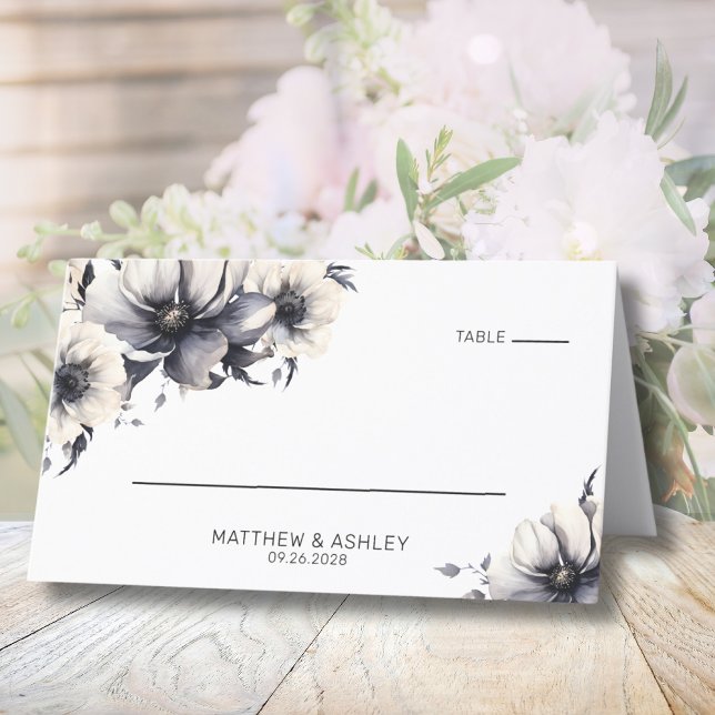 Enkel Elegant Modern Svart Vit Blommig Bröllop Placeringskort (Simple Elegant Modern Floral Black White Wedding Place Card)