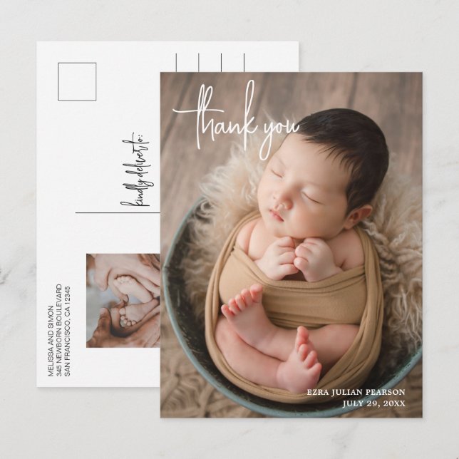 Enkel Elegant Modern Tack Photo Birth Meddelande Vykort (Fram/baksida)