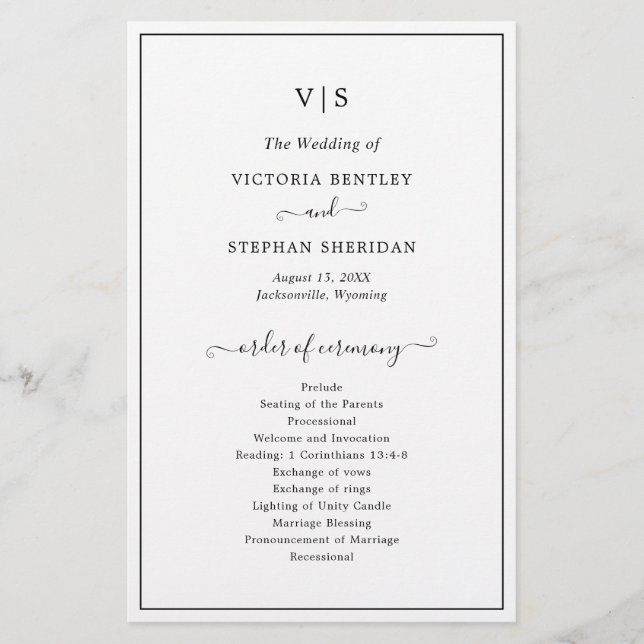 Enkel Elegant Monogram Bröllopsprogram på Budget (Framsidan)