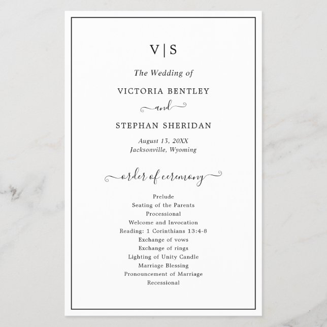Enkel Elegant Monogram Bröllopsprogram på Budget (Framsidan)