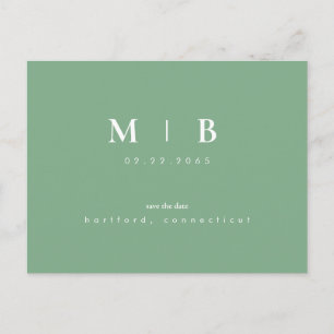 Enkel & Elegant Monogram Grön Spara Datum Meddelande Vykort