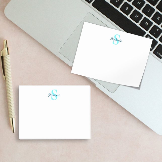 Enkel Elegant Monogram Namn Aqua Blue Post-it Block (Skapare uppladdad)