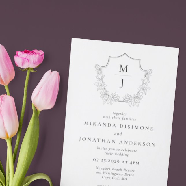 Enkel Elegant Monogram Vapensköld Bröllop Inbjudningar (Skapare uppladdad)