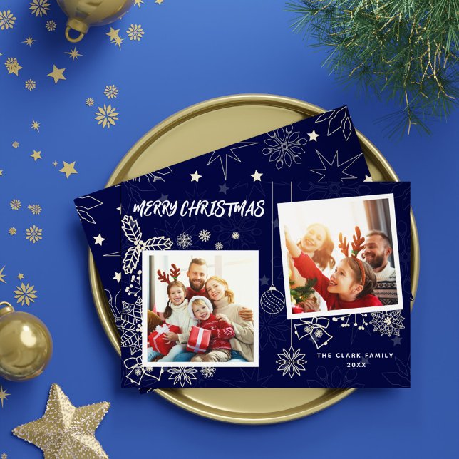 Enkel Elegant Mörk blått 2 Foto ramar-familj Julkort (Simple Elegant Dark Blue 2 Photo Frames Family Holiday Card)