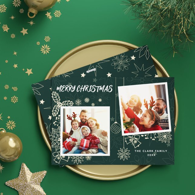 Enkel Elegant Mörk grönt 2 Foto ramar-familj Julkort (Simple Elegant Dark Green 2 Photo Frames Family Holiday Card)