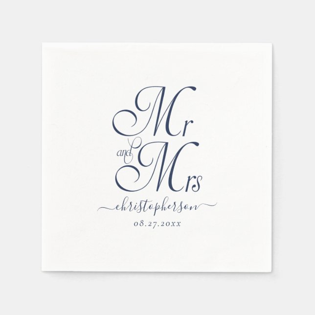 Enkel Elegant Mr. och Mrs. Navy Blue Script Bröllo Pappersservett (Framsidan)