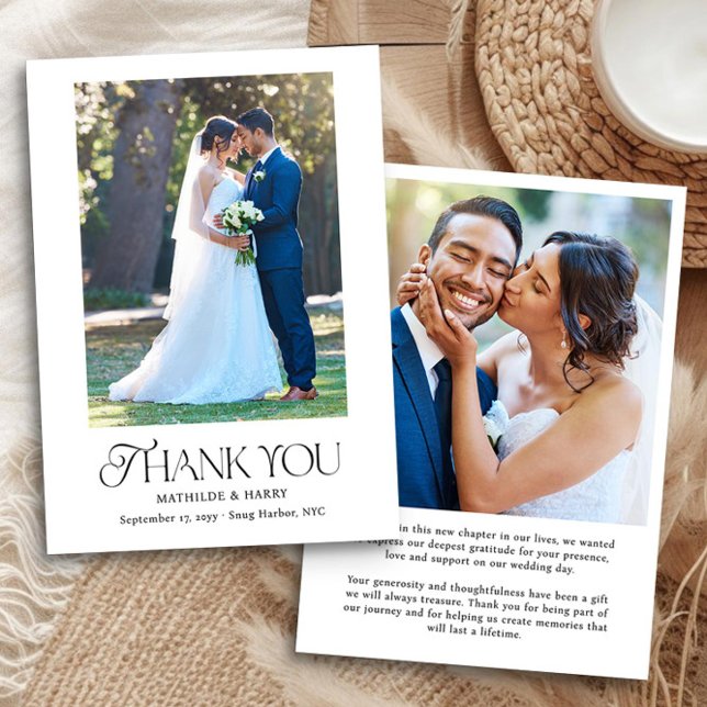 Enkel Elegant, nostalgisk typ 2-foto Bröllop Tack Kort (Elegant 2 Photo Wedding Thank You Card with Romantic Nostalgic Typeface)