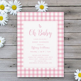 Enkel Elegant Oh Baby Rosa Gingham Baby Shower Inbjudningar