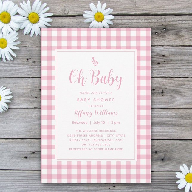 Enkel Elegant Oh Baby Rosa Gingham Baby Shower Inbjudningar (Skapare uppladdad)