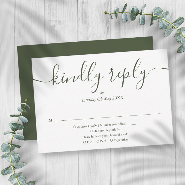 Enkel Elegant Olivgrön Bröllopsskrift OSA Kort (Simple Elegant Script Olive Green Wedding RSVP Card)