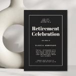 Enkel Elegant Pension Party Black Inbjudningar<br><div class="desc">Enkelt, modernt och elegant, denna inbjudan från Pension-partiet har en sofistikerad vädjan. En svart bakgrund med ljusbrödtext som ramats in med en matchande tunn linje gräns ger information om din händelse med contemporaryns formatering. Den moderna textmallen är enkel att anpassa med din händelseinformation. Den här inbjudan är ett val för...</div>