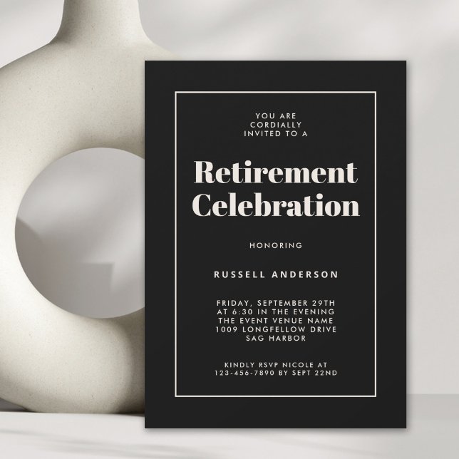 Enkel Elegant Pension Party Black Inbjudningar (Available as both printed and paperless digital download!)