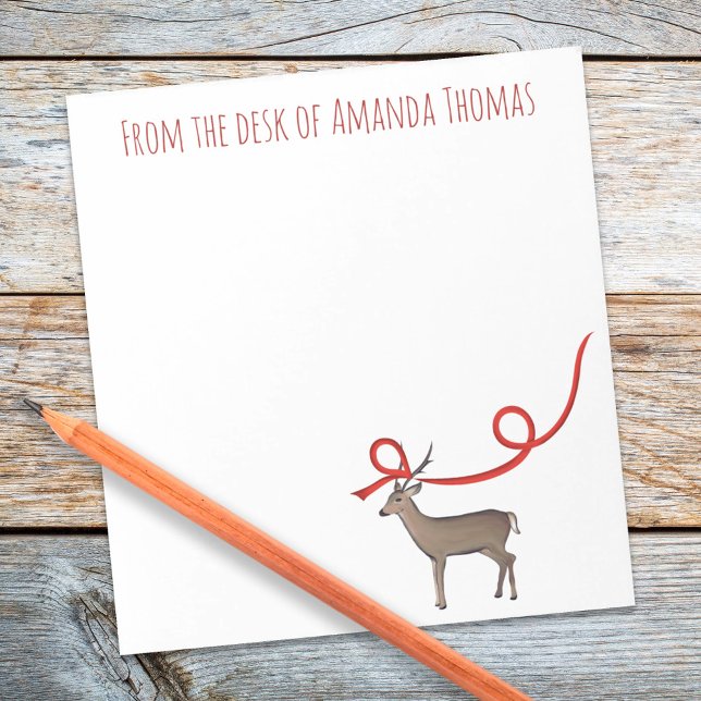 Enkel Elegant Rener Ribbon Modern jul Anteckningsblock (Woodland deer with red ribbon whimsical winter holiday notepad)