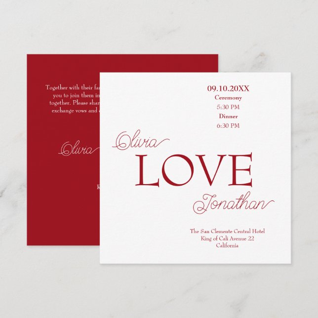 Enkel Elegant Röd Bröllopskärlek Inbjudningar (Fram/baksida)